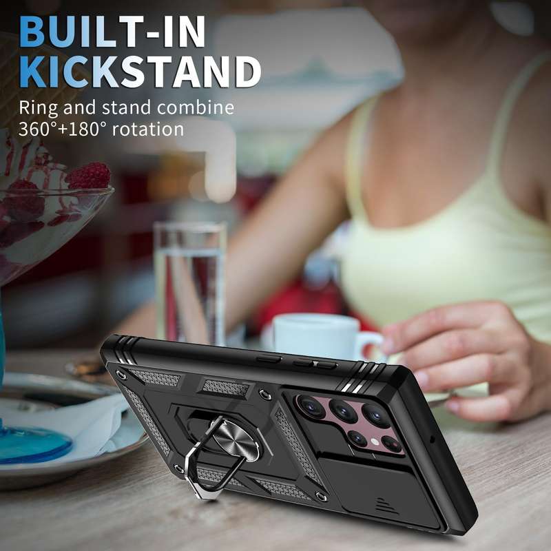 For Samsung Galaxy S22 Ultra 5G Sliding Camera Cover TPU + PC Phone Case(Black+Black)