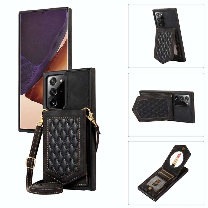 For Samsung Galaxy Note20 Ultra Rhombic Texture RFID Phone Case with Lanyard & Mirror(Black)