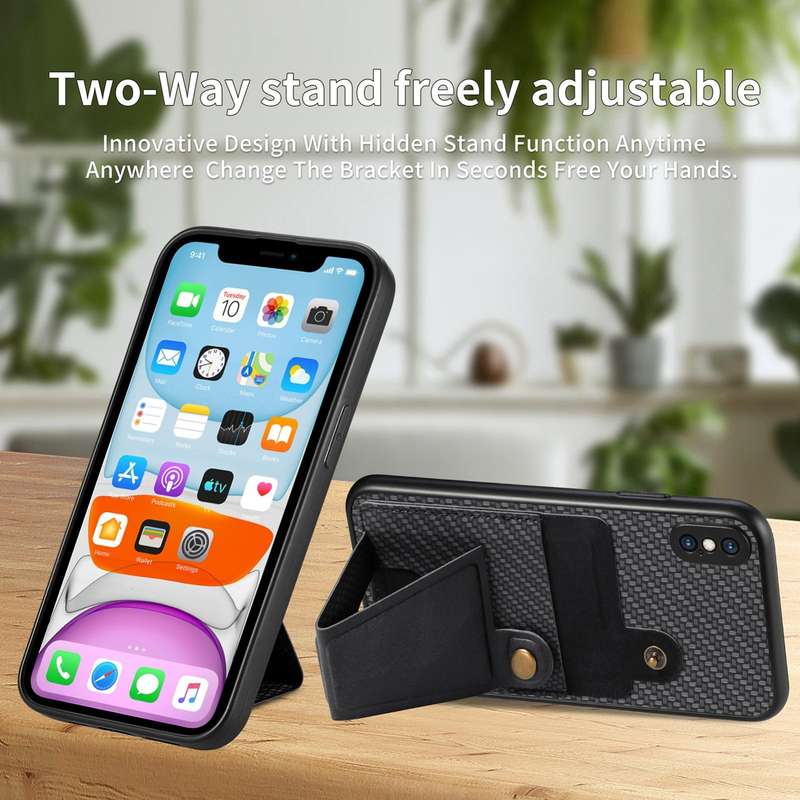 For iPhone X / XS Carbon Fiber Wallet Flip Card K-shaped Holder Phone Case(Black)