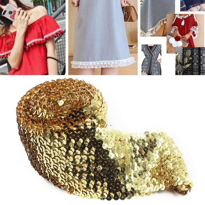 ZP000875 8 Rows Elastic Sequin Lace Webbing DIY Clothing Accessories, Length: 5m, Width: 7.5cm(Gold)