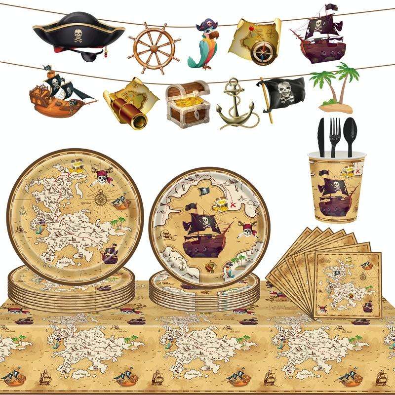Pirate Treasure Hunt Themed Disposable Tablecloth Paper Plate Party Supplies Set(10 People Suit)
