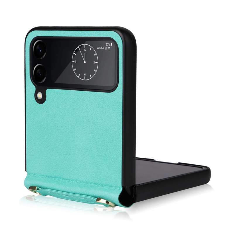 For Samsung Galaxy Z Flip4 Lambskin Texture Leather Phone Case with Lanyard(Mint Green)