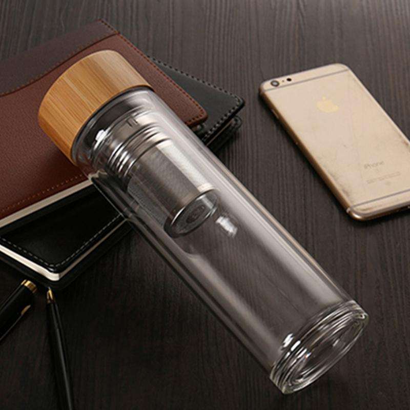 Glass Water Tea Bottles with Infuser Bamboo Lid Double Wall Brief Portable Outdoor Bottle 450ML
