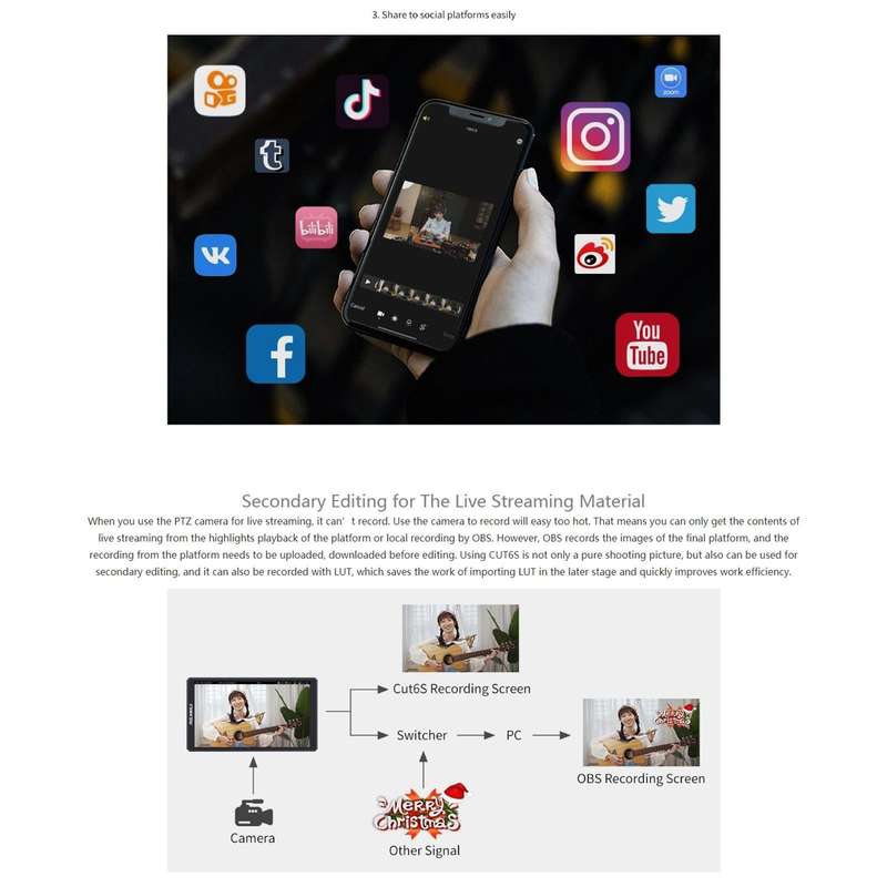 FEELWORLD CUT6S 6-inch Touch Screen Monitor Recorder FHD IPS 4K HDMI 3G-SDI Camera Field Monitor ...