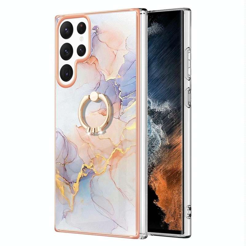For Samsung Galaxy S22 Ultra 5G Electroplating IMD TPU Phone Case with Ring(White Marble)