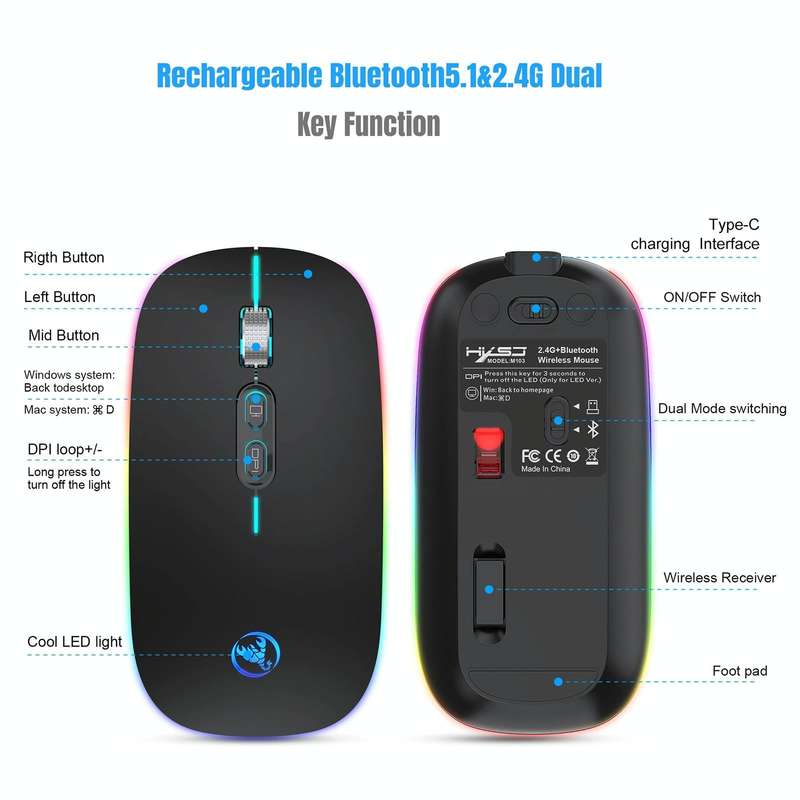 HXSJ M103FG 1600dpi Adjustable 2.4G + Bluetooth RGB Light Wireless Mouse(Black)