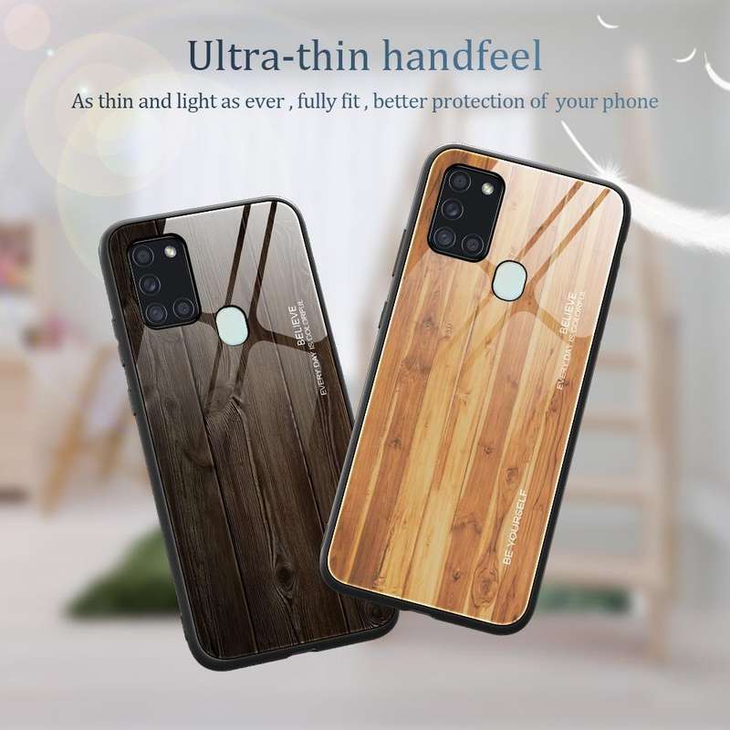 For Samsung Galaxy A21s Wood Grain Glass Protective Case(M02)