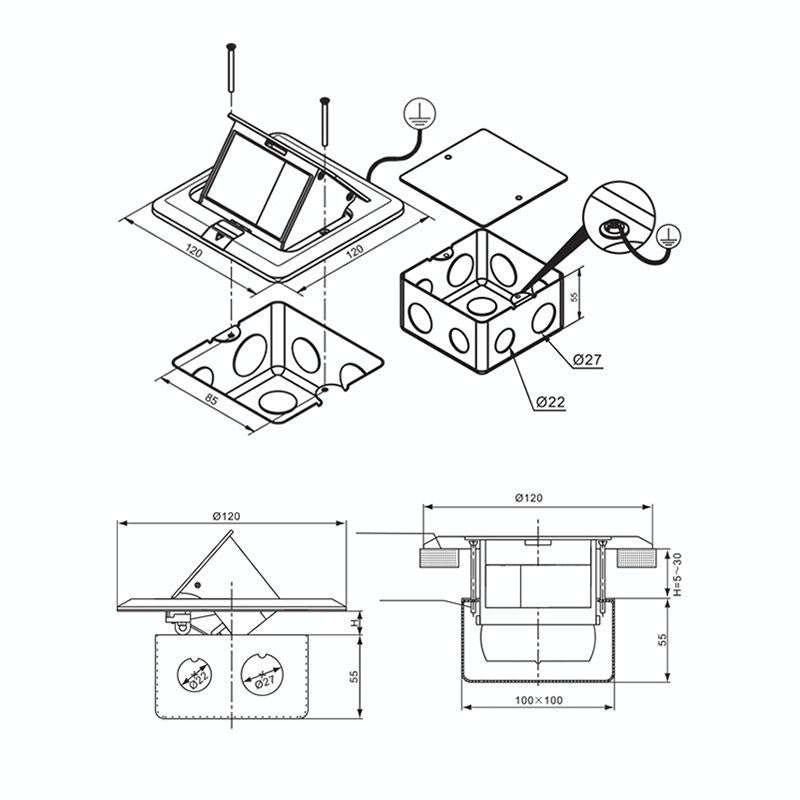 Hidden Pop-up Aluminum Alloy Computer Floor Socket with Cover Bottom Box, EU Plug