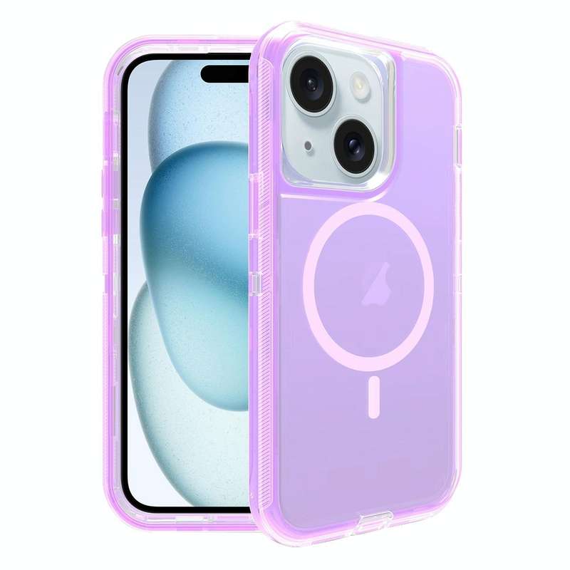 For iPhone 15 Shockproof MagSafe Magnetic Phone Case(Transparent Purple)