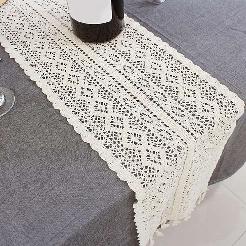 Tassel Lace Floral Romance Retro Crochet Hollow Cotton Blend Table Runner Covers, Size:24x160cm(Y...