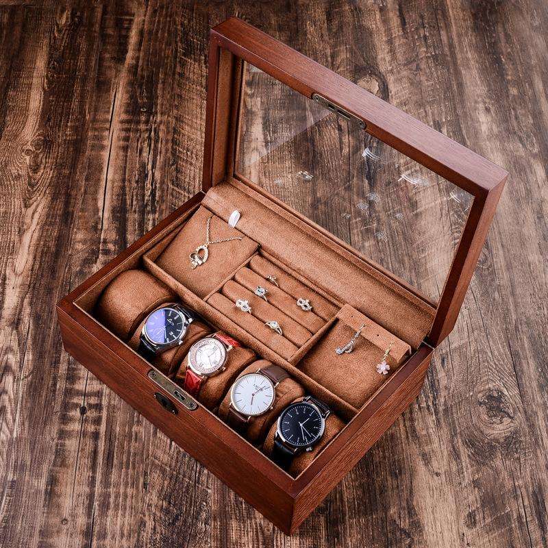 Wooden Watch Storage Box Jewelry Double-Layer Storage Display Box With Lock