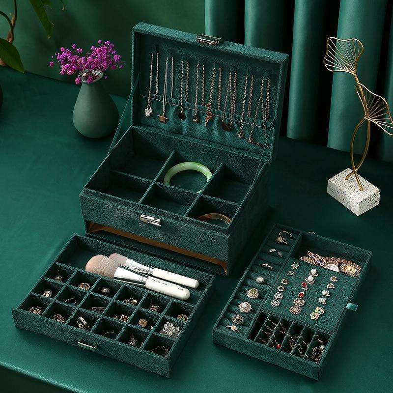 Three Layers Retro Flannel Earrings Ring Necklace Jewelry Storage Box, Specification: 24 x17 x 11...