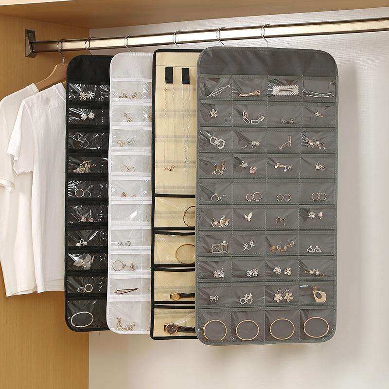 48-grid Jewelry Storage Hanging Bag Mon-woven Double-sided Jewelry Organizer Bag(White)