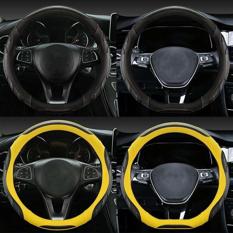 Leather Carbon Fiber Stitching Car Steering Wheel Set, Diameter: 38cm(Black Yellow Round)