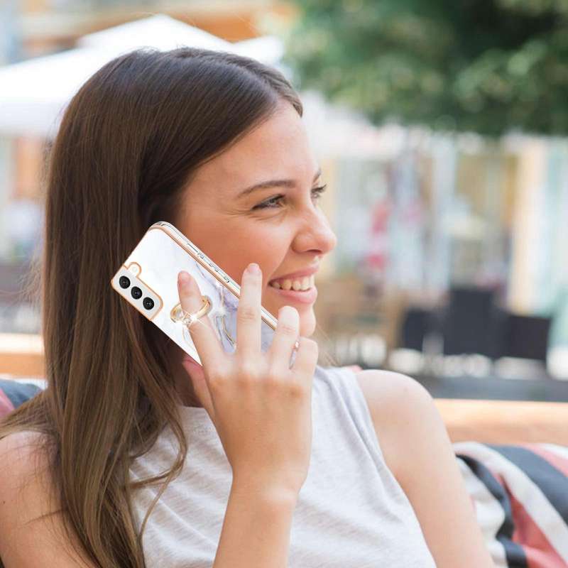 For Samsung Galaxy S22 Electroplating Marble IMD TPU Phone Case with Ring Holder(White 006)