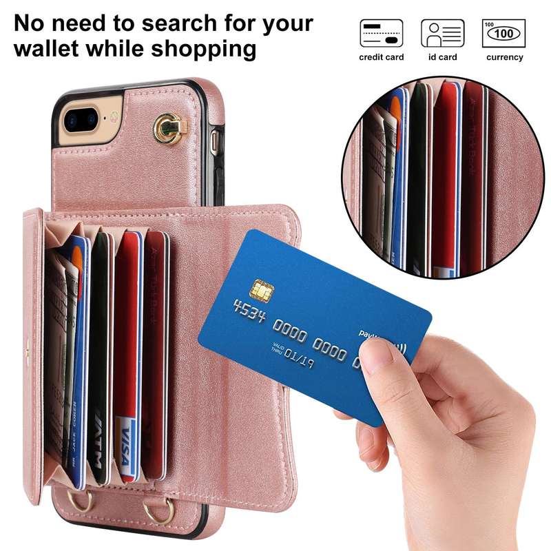 For iPhone 8 Plus / 7 Plus RFID Card Slot Phone Case with Long Lanyard(Rose Gold)