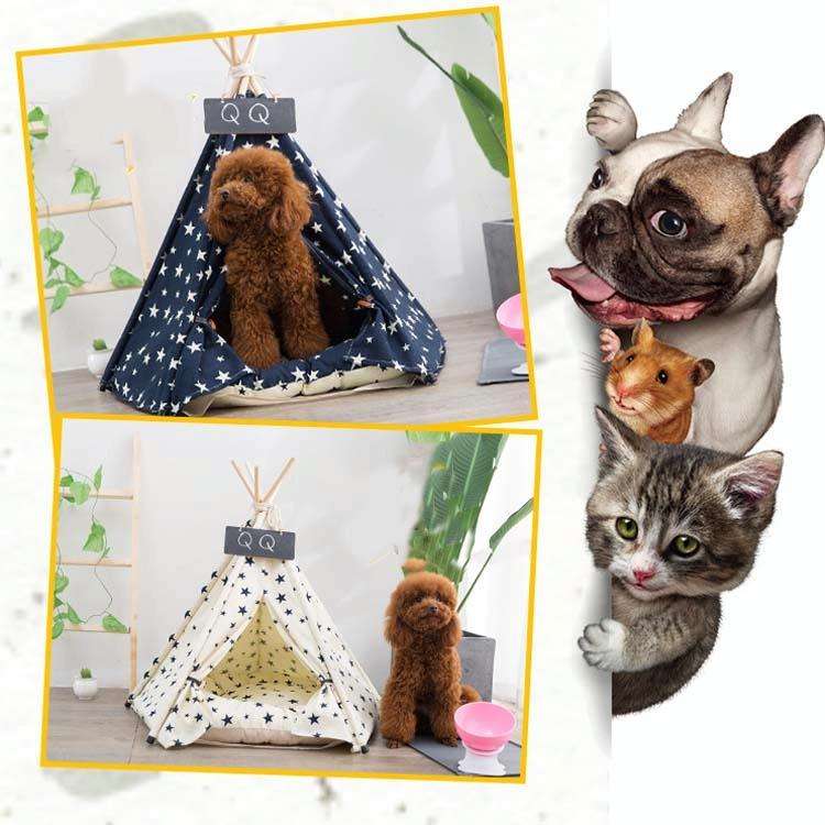 Cotton Canvas Pet Tent Cat and Dog Bed with Cushion, Specification: Small 404050cm(Beige Star)