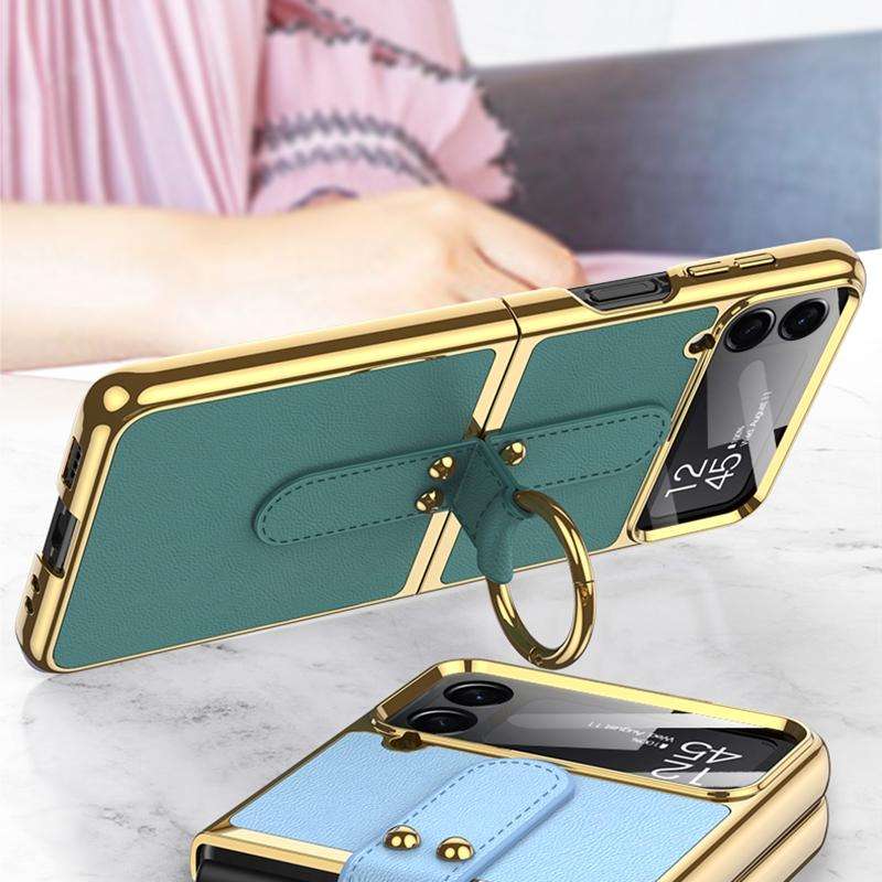 For Samsung Galaxy Z Flip4 GKK Plating + Leather Phone Case with Ring & Strap(White)