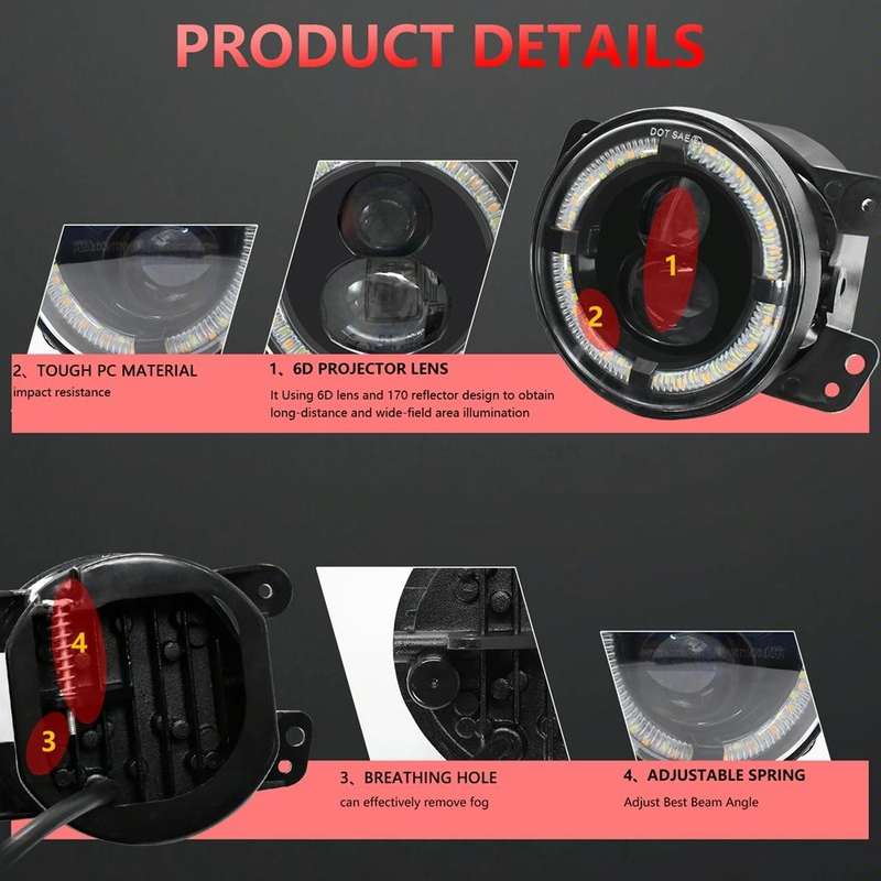 For Jeep Wrangler JK 2 Door 2007-2015 Y4 4 inch 1 Pair Light Guide Dual Lens Fog Light(Yellow White)