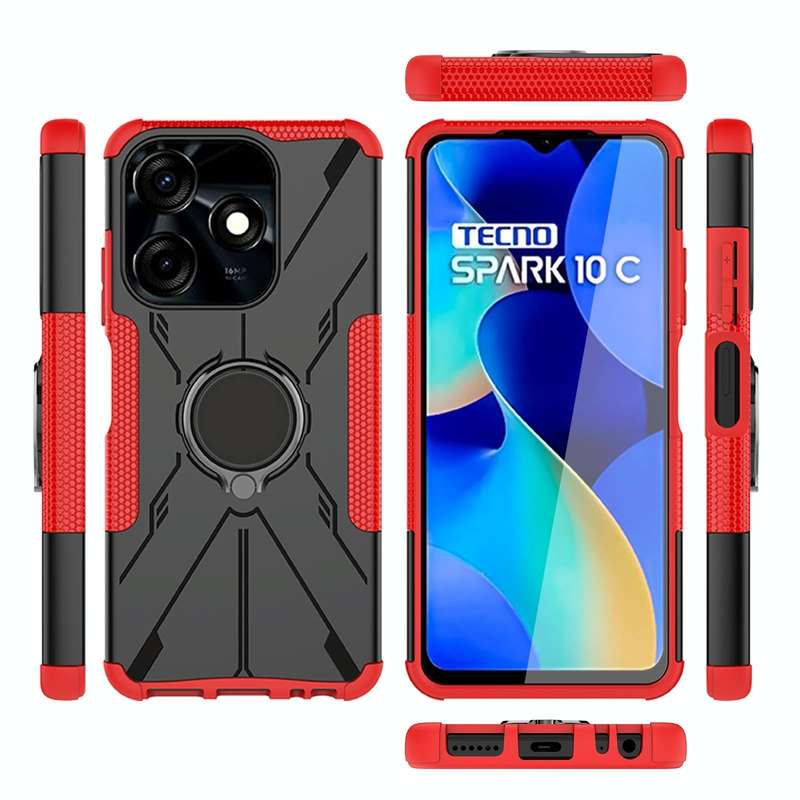 For Tecno Spark 10C Armor Bear Shockproof PC + TPU Phone Case with Ring(Red)