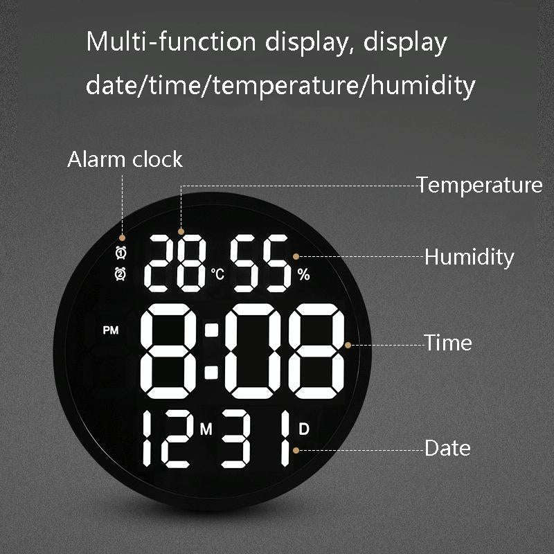6620 12 Inch LED Simple Wall Clock Living Room Round Silent Digital Temperature And Humidity Elec...