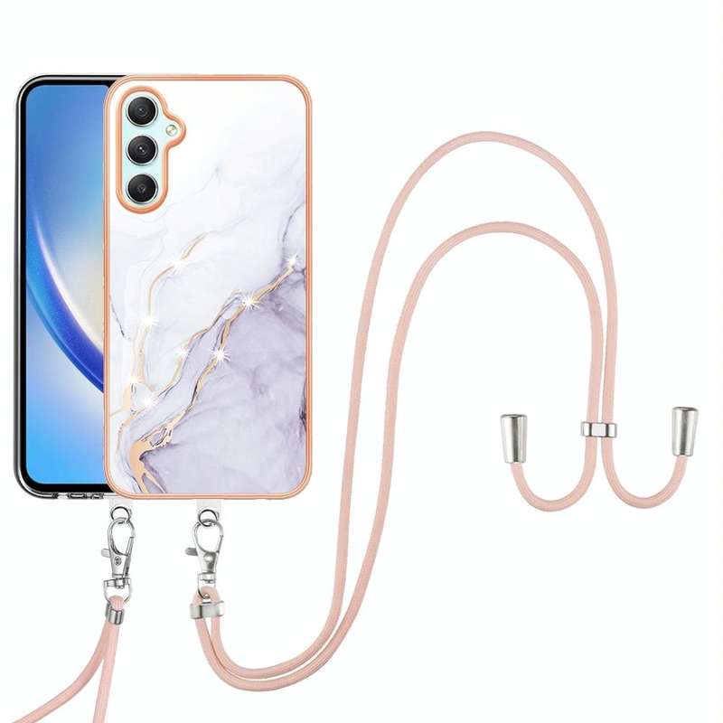 For Samsung Galaxy A24 4G Electroplating Marble Dual-side IMD Phone Case with Lanyard(White 006)