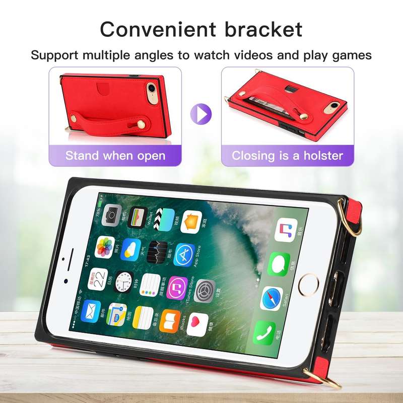 For iPhone 7 / 8 / SE 2020 Wrist Strap PU+TPU Shockproof Protective Case with Crossbody Lanyard &...