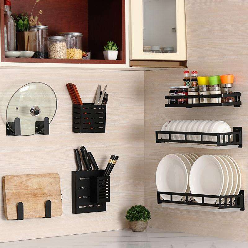 Stainless Steel Wall-mounted Kitchen Rack Hanging Seasoning Holder (Black)