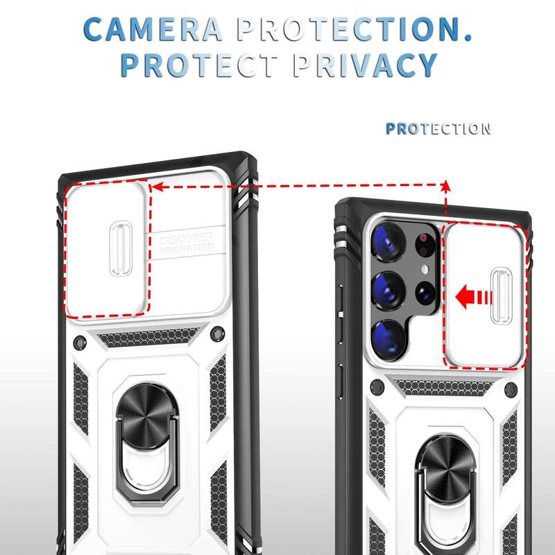 For Samsung Galaxy S24 Ultra 5G Sliding Camshield TPU + PC Phone Case with Holder(White+Black)