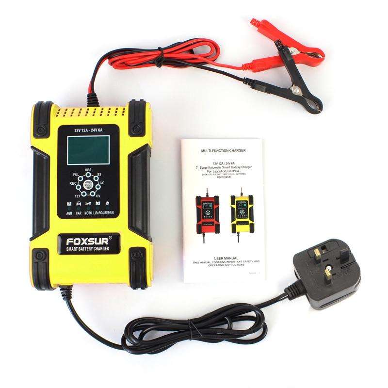 FOXSUR 12A / 12V / 24V Car / Motorcycle 7-stage Lead-acid Battery AGM Charger, Plug Type:UK Plug(...