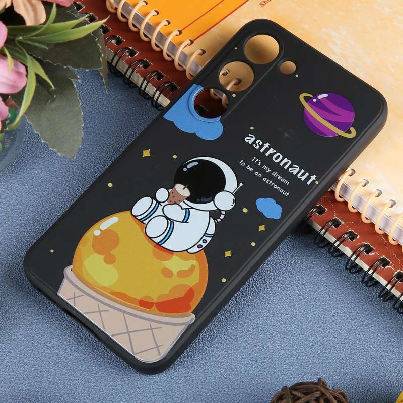 For Samsung Galaxy A22 5G Milk Tea Astronaut Pattern Liquid Silicone Phone Case(Black)