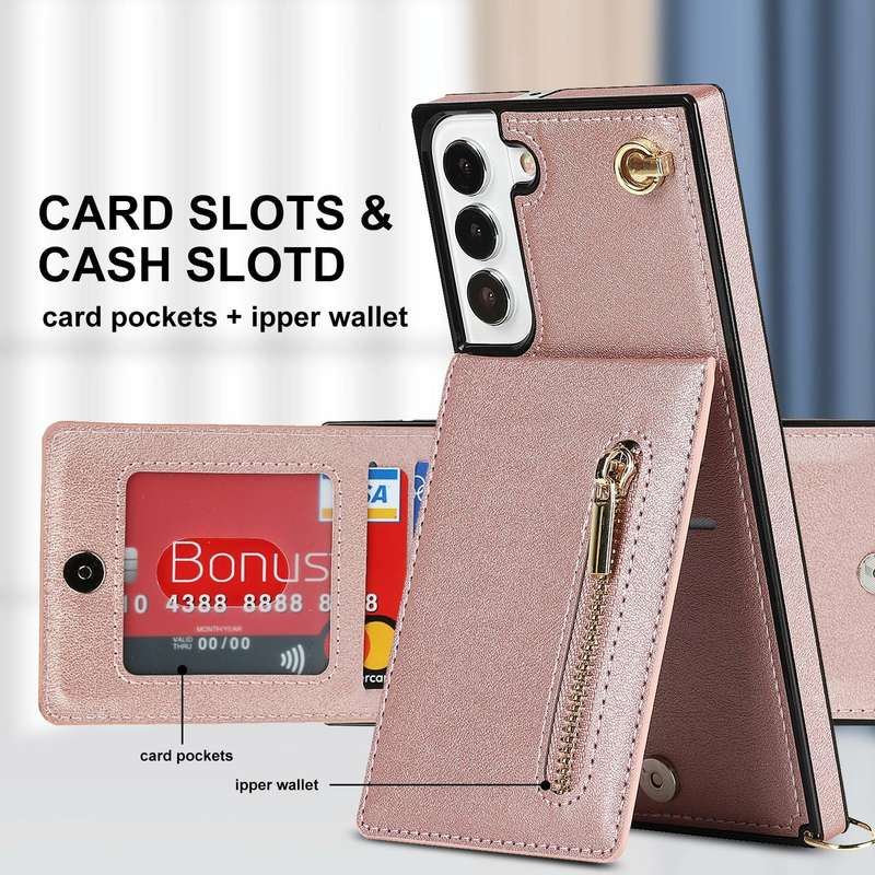 For Samsung Galaxy S22+ 5G Cross-body Square Zipper Card Holder Bag Phone Case(Rose Gold)