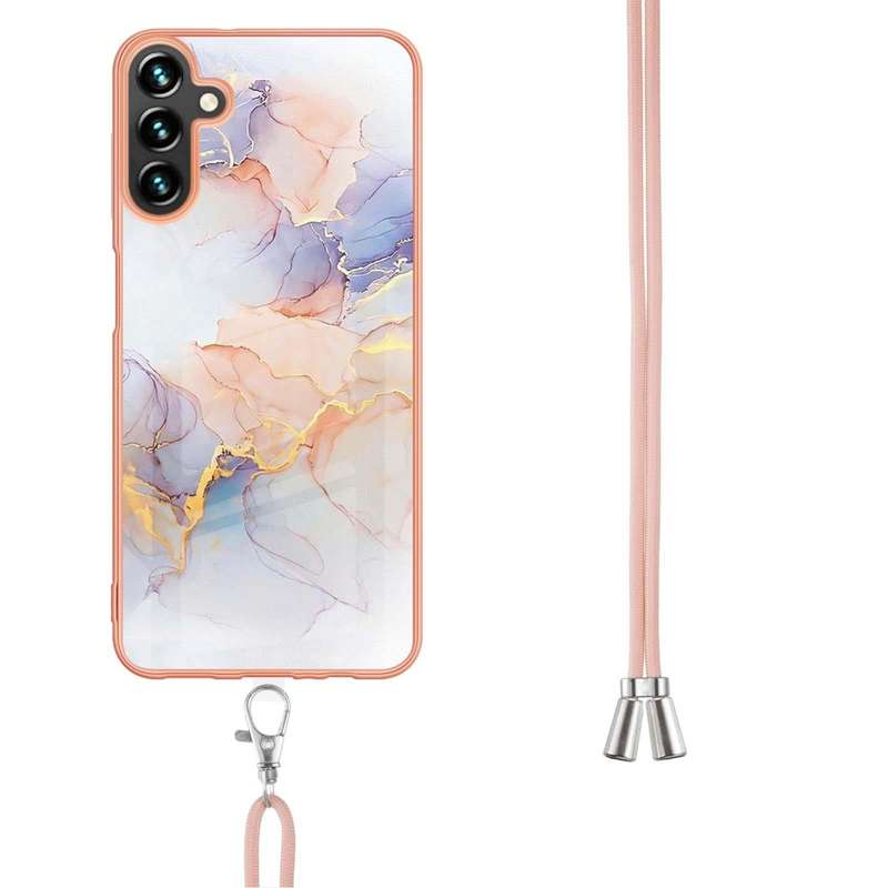For Samsung Galaxy A14 5G Electroplating IMD TPU Phone Case with Lanyard(White Marble)