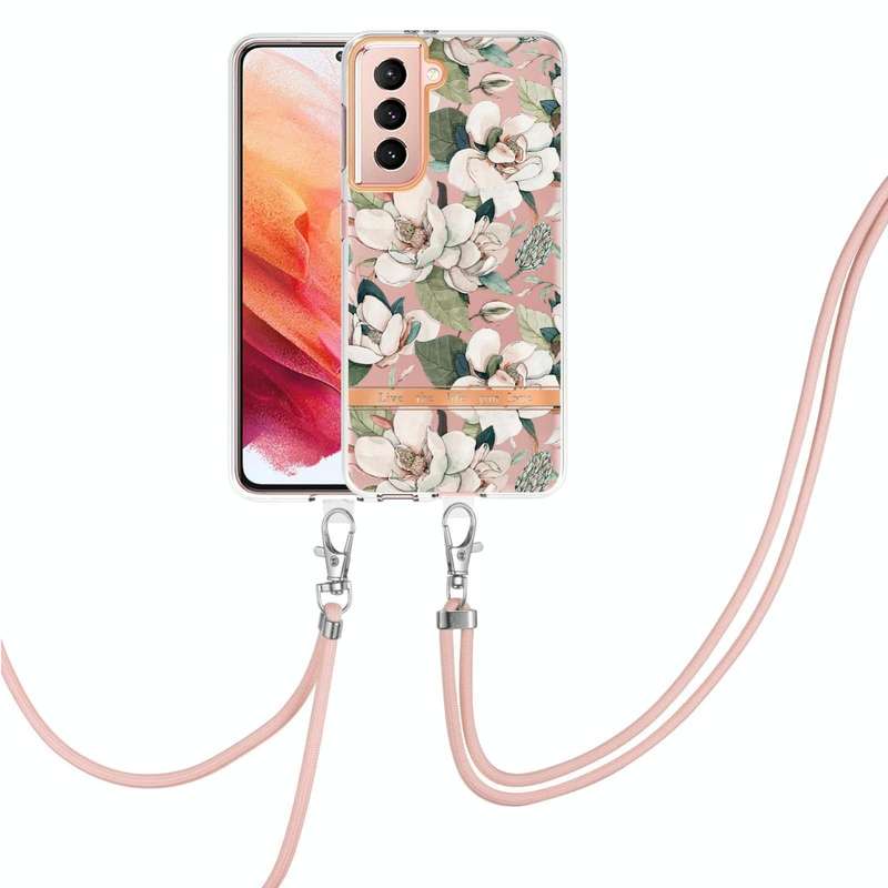 For Samsung Galaxy S21 5G Flowers Series TPU Phone Case with Lanyard(Green Gardenia)