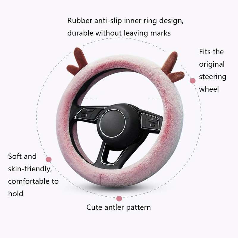 Antler Thick Plush Steering Wheel Cover, Style: O Type (Pink)