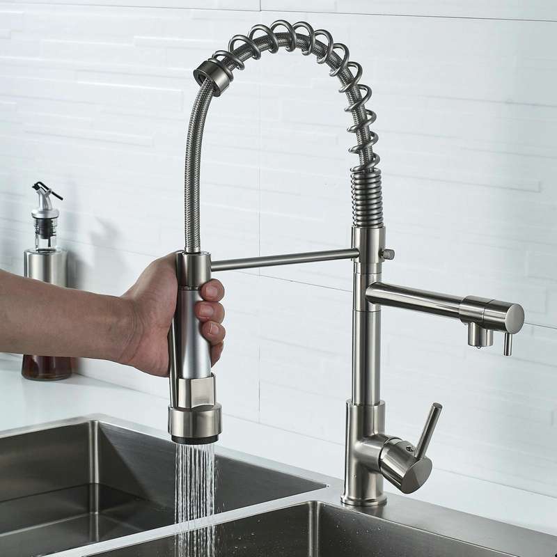 Copper And Nickel Brushed Double Outlet Spring Faucet Rotatable Kitchen Hot And Cold Water Faucet...