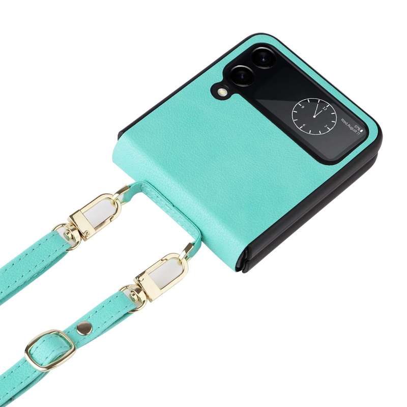 For Samsung Galaxy Z Flip4 Lambskin Texture Leather Phone Case with Lanyard(Mint Green)
