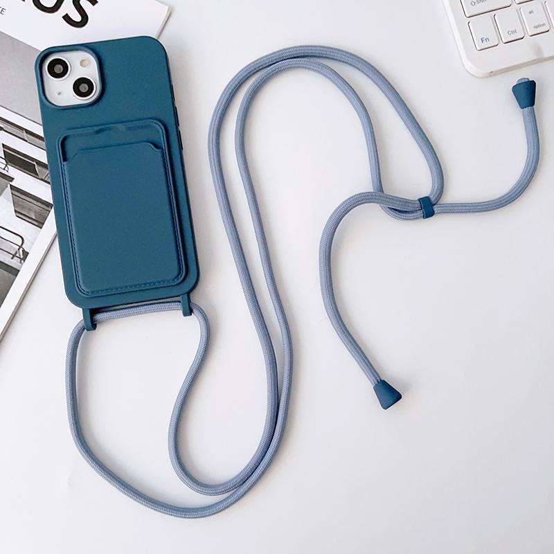 For iPhone 12 Pro Crossbody Lanyard Elastic Silicone Card Holder Phone Case(Blue)