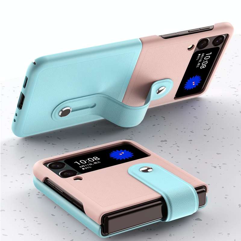 For Samsung Galaxy Z Flip3 5G Skin Contrast Wristband Folding Phone Case(Dark Blue and Black)