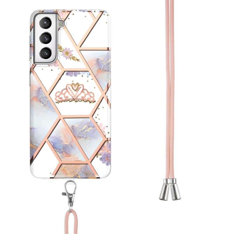 For Samsung Galaxy S21 FE 5G Electroplating Splicing Marble Flower Pattern TPU Shockproof Case wi...