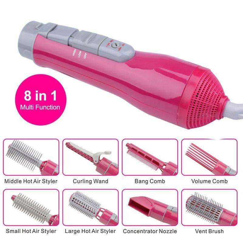 8 in 1 Professional Hair Dryer Hair Curler for Hotel Travel With Comb Powerful Hairdryer(Rose red)