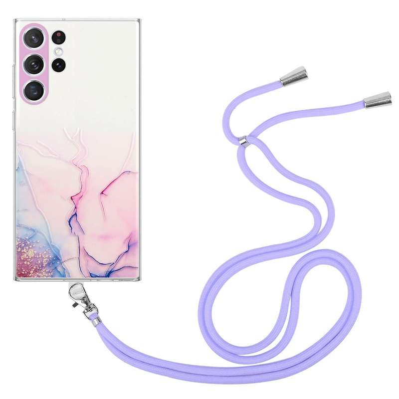 For Samsung Galaxy S23 Ultra 5G Hollow Marble Pattern TPU Shockproof Phone Case with Neck Strap R...