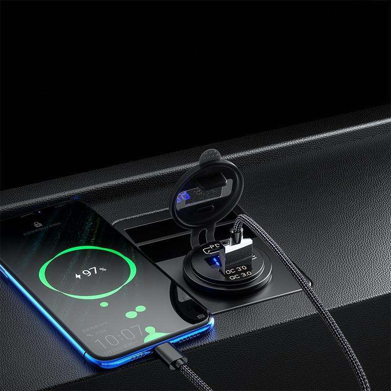 12V Modified Car USB Charger With Voltage Display PD QC3.0 Socket(With 60cm Line Green Light)