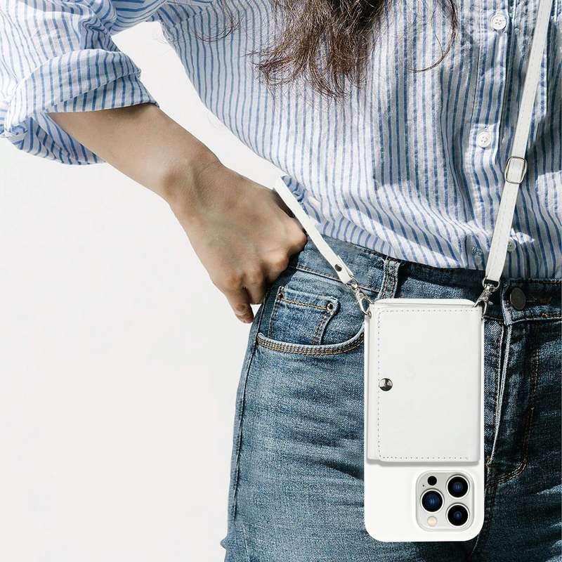 For iPhone 14 Pro Crossbody Lanyard Wallet Card Bag Phone Case(White)