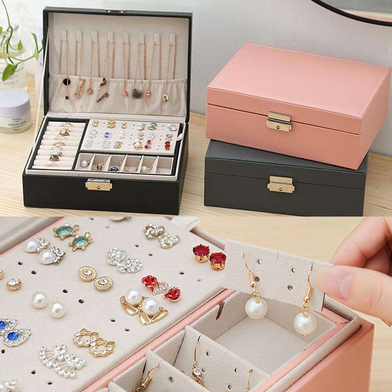 Simple Double-Layered Wooden Leather Jewelry Box With Lock Earrings Jewelry Box(Black)