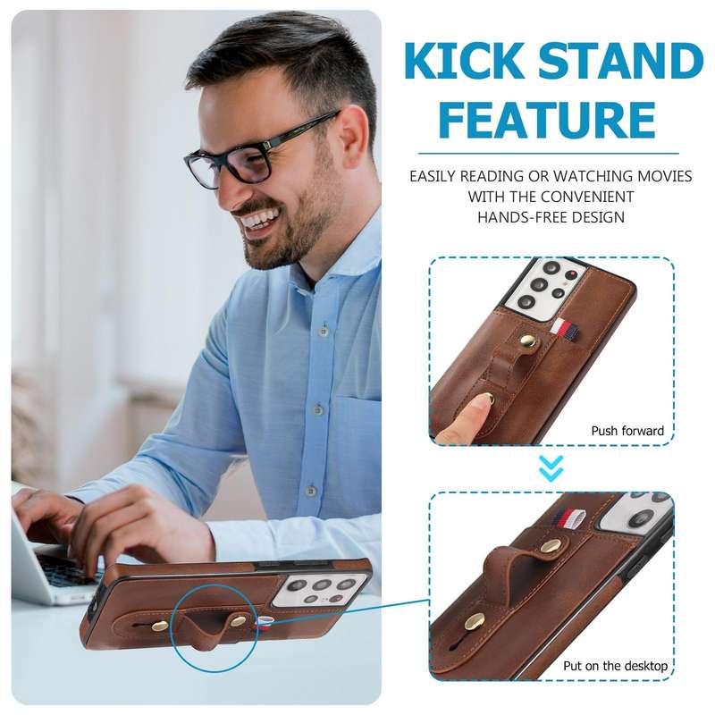 For Samsung Galaxy S22 Ultra 5G Wristband Kickstand Wallet Leather Phone Case(Brown)