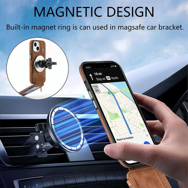 For iPhone 15 Magsafe Zipper RFID Wallet All-inclusive Shockrpoof Phone Case(Brown)