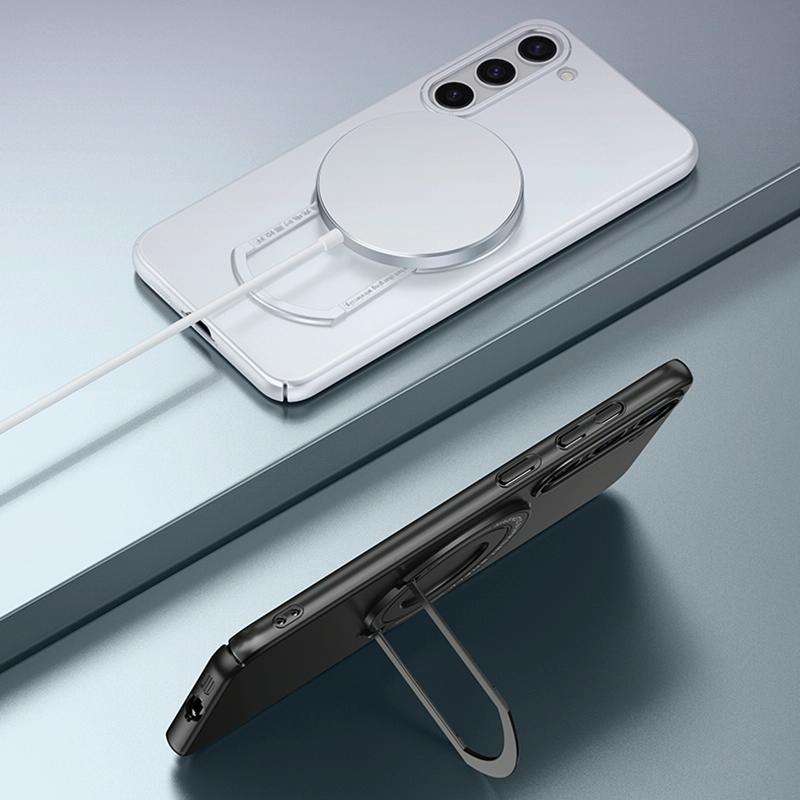 For Samsung Galaxy S23 5G Matte Magsafe Magnetic Phone Case with Trolley Holder(White)