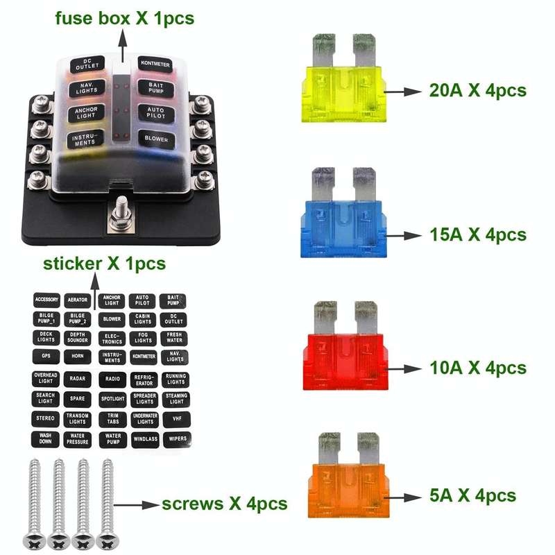 1 in 8 Out Fuse Box Screw Terminal Section Fuse Holder Kits with LED Warning Indicator for Auto C...