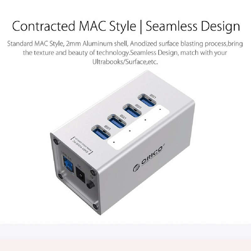 ORICO A3H4 Aluminum High Speed 4 Ports USB 3.0 HUB with 12V/2.5A Power Supply for Laptops(Silver)